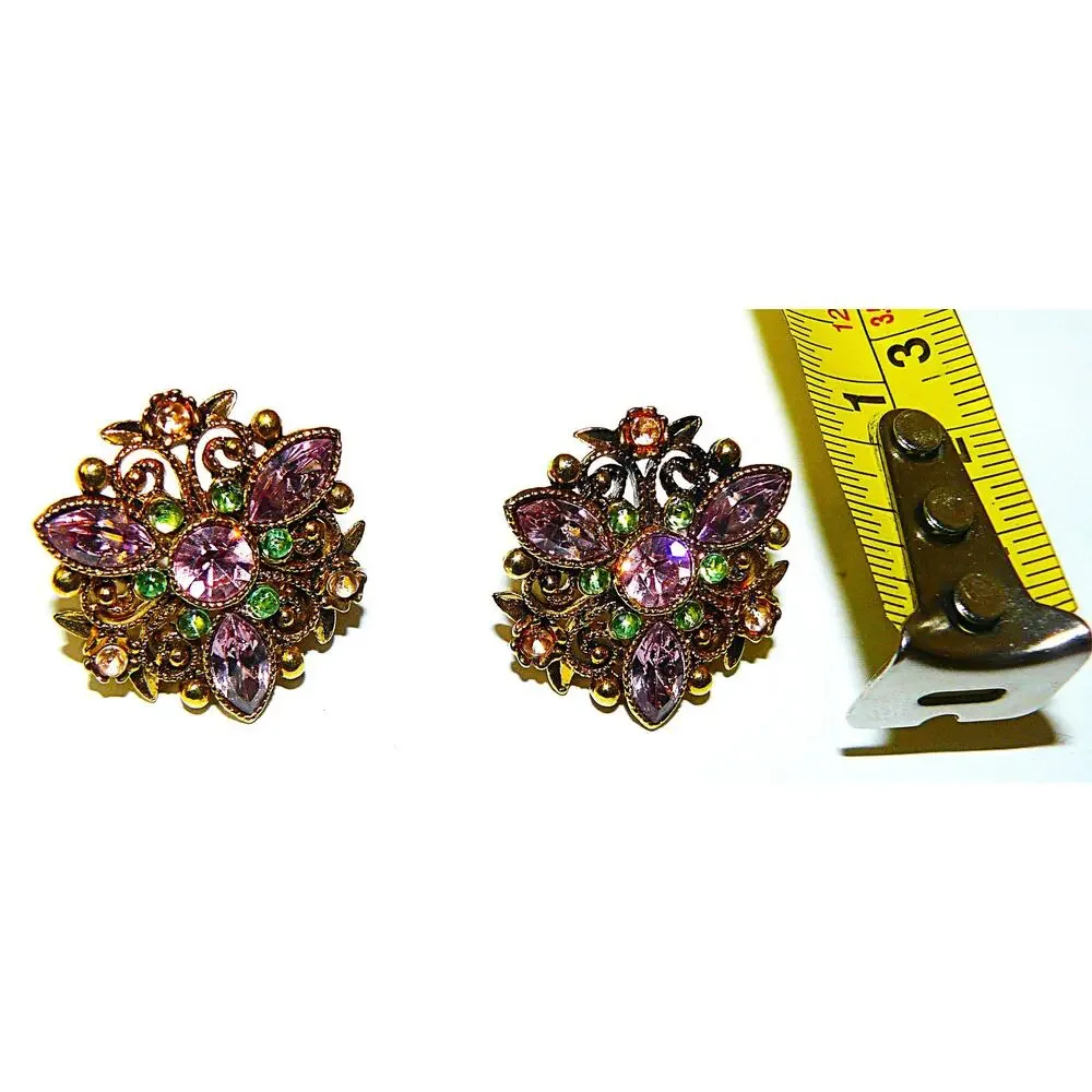 Vintage Avon Gold-Tone ClipOn Earrings Purple Green Rhinestones Floral Design